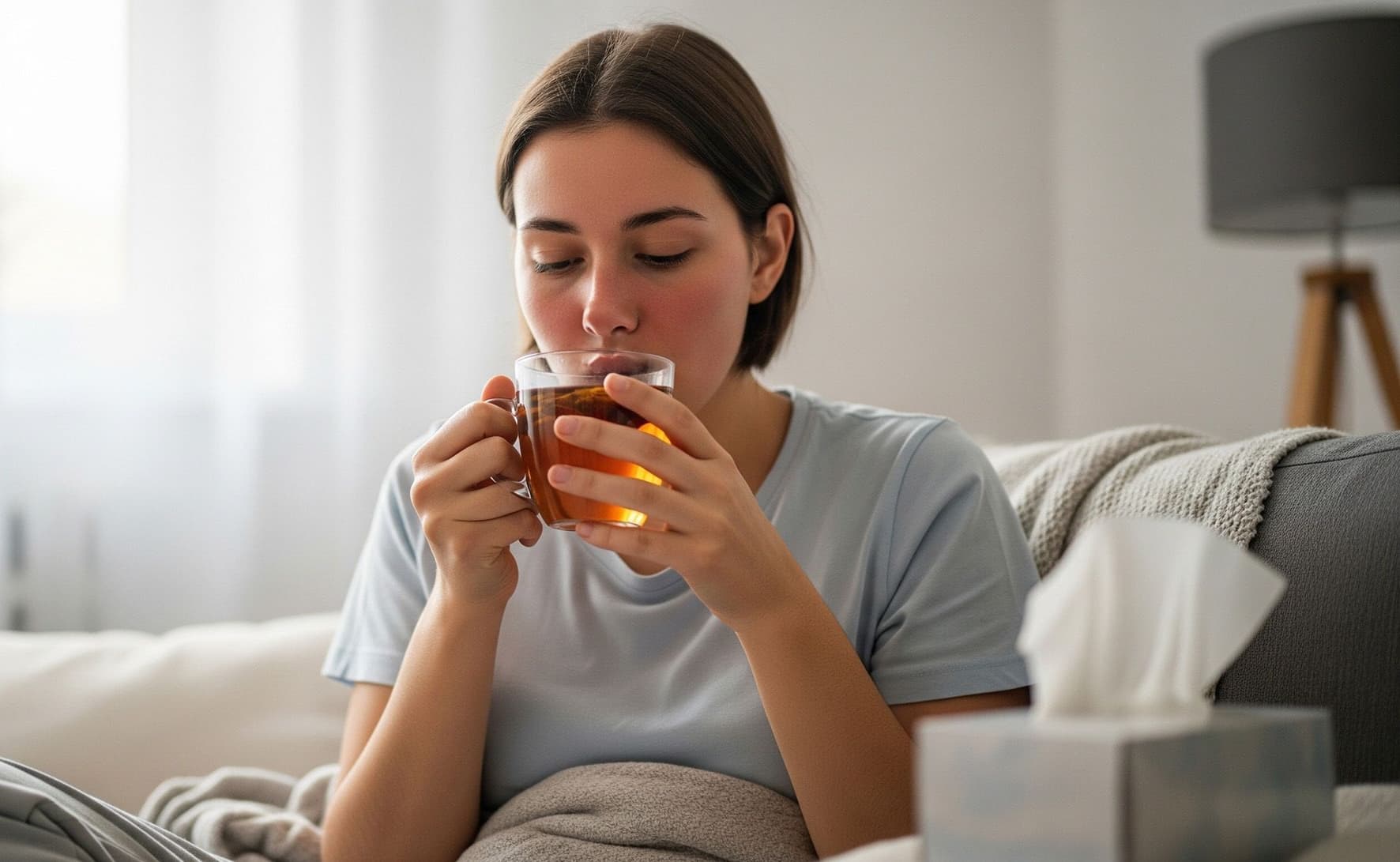 A woman resting at home with a warm drink